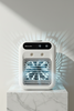 Mini air cooler on a marble surface with a light gray background